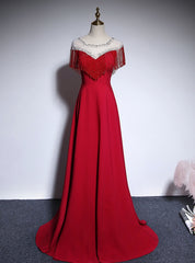 Red Scoop Neck Beading Prom Dress