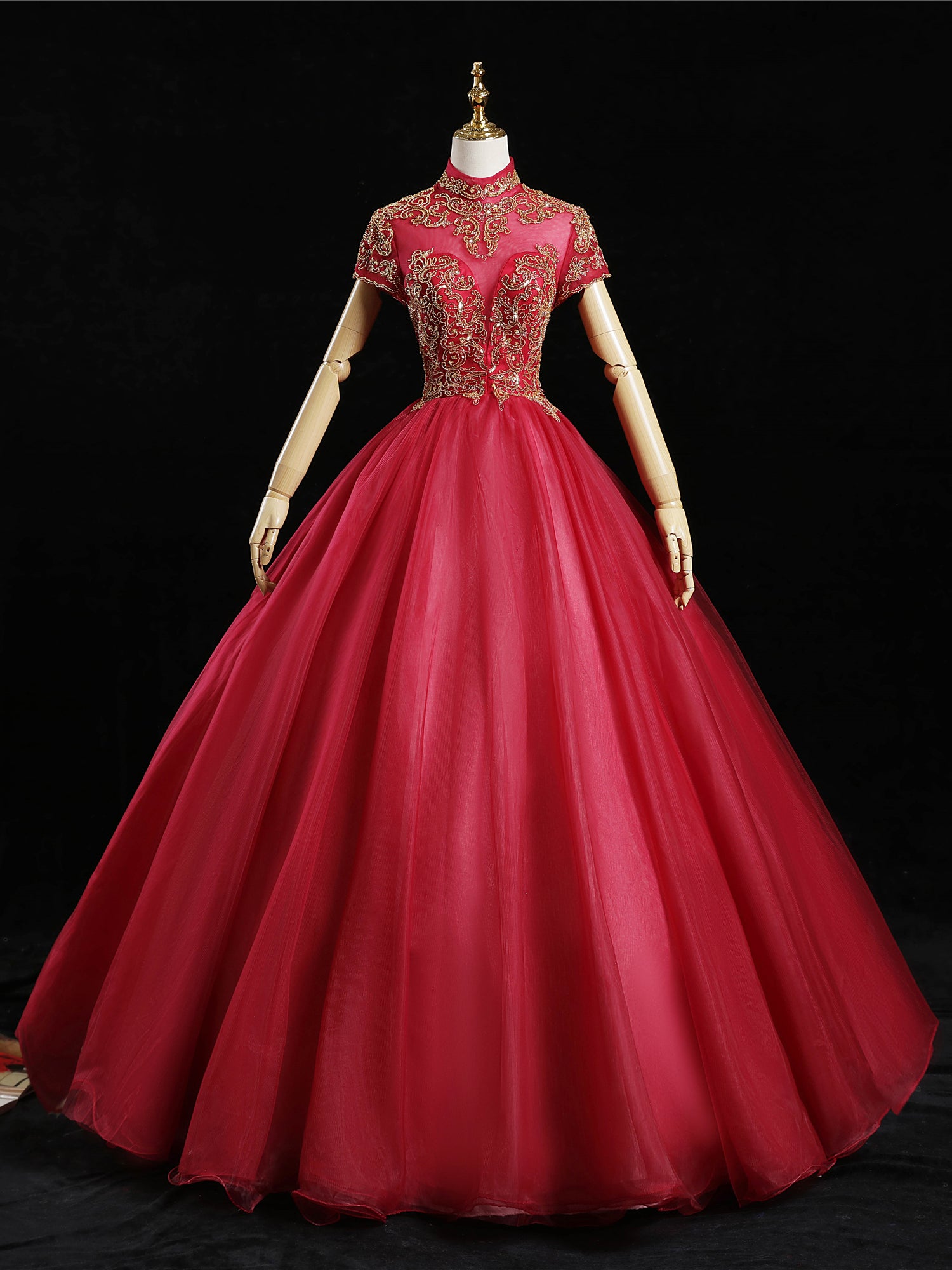 Red Tulle High Neck Cap Sleeve Beading Quinceanera Dress