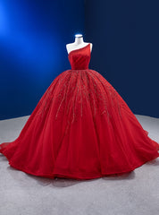 Red Tulle One Shoulder Beading Pearls Prom Dress