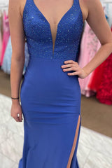 Royal Blue Deep V Neck Mermaid Prom Dress with Slit