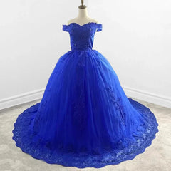 Royal Blue Lace Off the Shoulder Quinceanera Dresses with Flowers