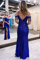 Royal Blue Off the Shoulder Sequins Sheath Prom Dress with Fringes