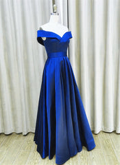 Royal Blue Satin A-line Simple Off Shoulder Prom Dress Outfits For Girls, Blue Bridesmaid Dress