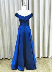 Royal Blue Satin A-line Simple Off Shoulder Prom Dress Outfits For Girls, Blue Bridesmaid Dress