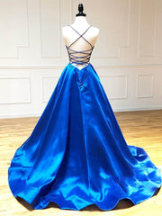 Royal Blue Satin A Line V Neck Long Prom Dress