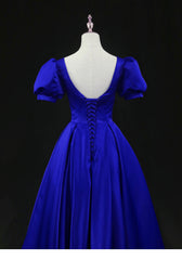 Royal Blue Satin Tea Length Wedding Party Dress Outfits For Girls, Blue Prom Homecoming Dress