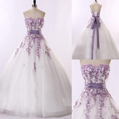 Purple Appliques Wedding Dresses Sweetheart Tulle Lace-Up A-Line Bridal Gowns