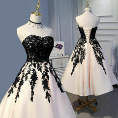 Champagen Wedding Dresses Tea Length Corset Black Lace Sleeveless Bridal Dresses