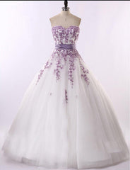 Purple Appliques Wedding Dresses Sweetheart Tulle Lace-Up A-Line Bridal Gowns