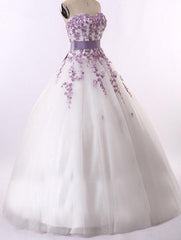 Purple Appliques Wedding Dresses Sweetheart Tulle Lace-Up A-Line Bridal Gowns