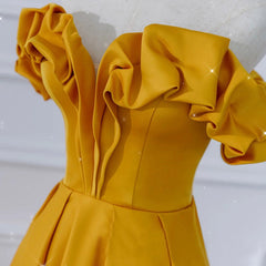 Satin Dark Yellow Off Shoulder Party Dress Outfits For Girls, A-line Satin Prom Dress