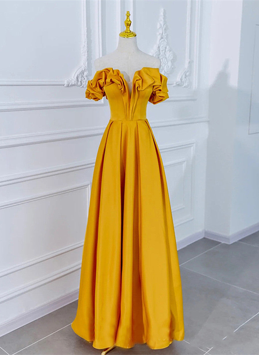 Satin Dark Yellow Off Shoulder Party Dress Outfits For Girls, A-line Satin Prom Dress