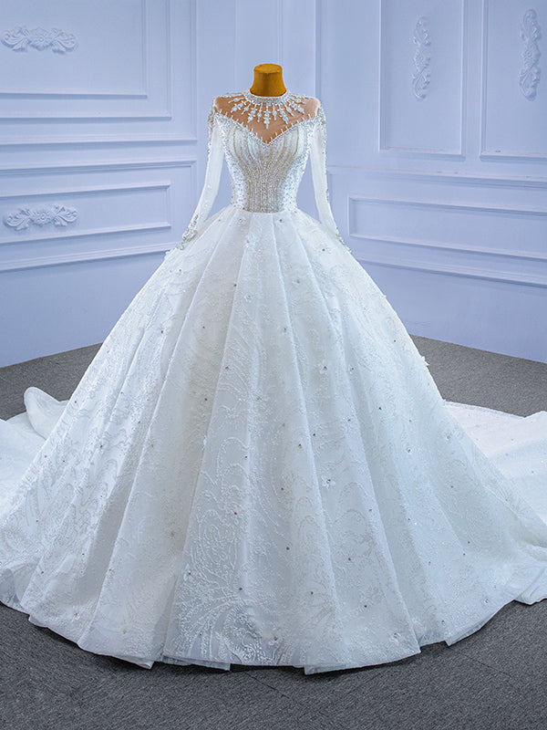 Sequins Long Sleeve Crystal Beading Appliques Wedding Dress