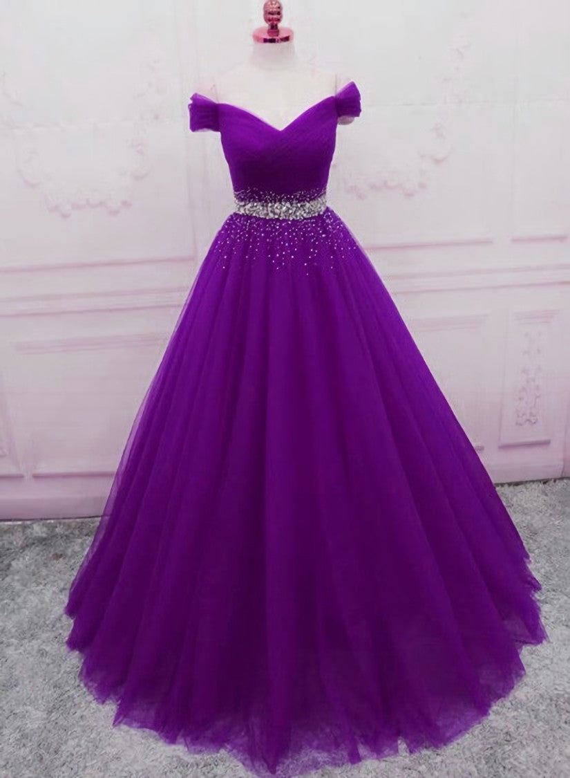 Sequins Sweetheart Long Party Dress Outfits For Girls, Purple Tulle Evening Gown