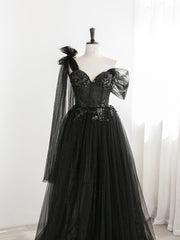 Sexy Black One Shoulder Tulle Sweetheart Sequins Party Dress Outfits For Girls, Black Evening Gown