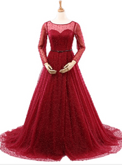 Sexy Burgundy Long Sleeve Tulle Pearls Wedding Dress