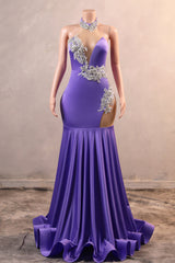 Sexy Purple Mermaid Prom Dresses Heavily Beading Women Evening Dresses Halter Neck