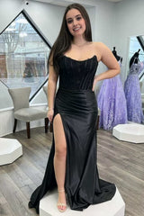 Sheath Strapless Corset Satin Prom Dress with Slit