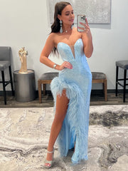 Sheath Strapless Sequin Prom Dress With Slit