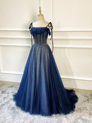 Shiny Navy Blue Tulle Straps Long Prom Dresses For Black girls Party Dresses For Black girls For Women, A-line Beaded Prom Dresses