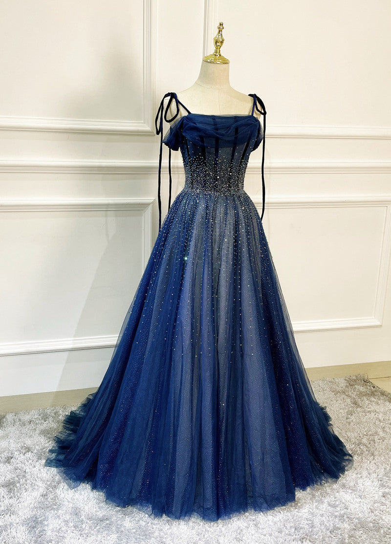 Shiny Navy Blue Tulle Straps Long Prom Dresses For Black girls Party Dresses For Black girls For Women, A-line Beaded Prom Dresses