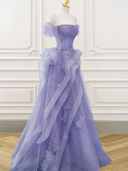 A-Line Off Shoulder Tulle Lace Purple Long Prom Dress, Purple Lace Long Formal Dress