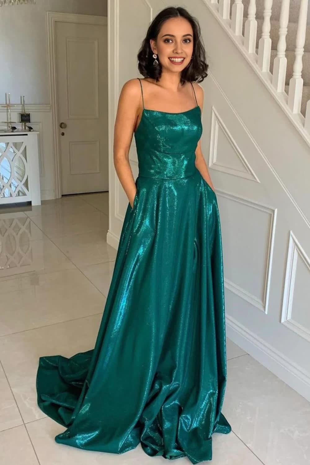 Simple A Line Spaghetti Straps Dark Green Long Prom Dress with Criss Cross Back