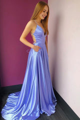 Simple A Line Spaghetti Straps Purple Long Prom Dress with Criss Cross Back