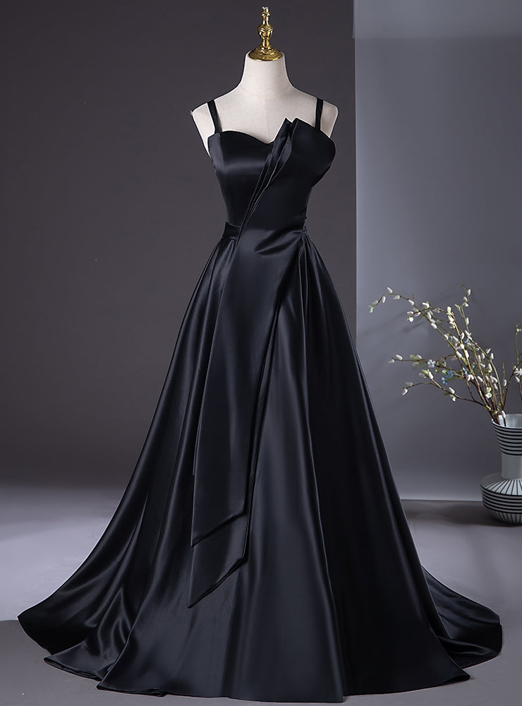 Simple Black Straps Pleats Prom Dress