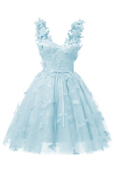 Sky Blue 3D Butterfly Lace Applique Tulle Homecoming Dress for Teens Sweetheart Mini Short Prom Dresses