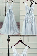 Sliver-Grey Tulle Long Lace V-neckline Party Dress Outfits For Girls, Floor Length Prom Dress