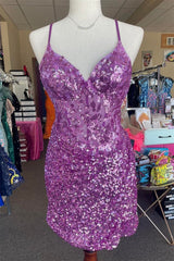 Sparkle Appliques Sequin Bodycon Lilac Homecoming Lace-up Dress