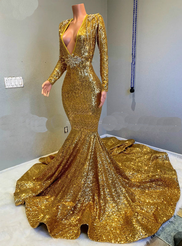 Sparkle Sequined Long Sleeves Mermaid Gold Prom Dresses with Long Train