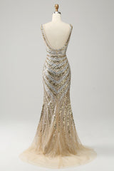 Sparkly Golden V-Neck Sequins Long Prom Dress