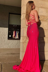 Sparkly Hot Pink Sequins Mermaid Long Prom Dress with Fringes