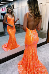 Sparkly Mermaid Orange Sequins Long Prom Dress