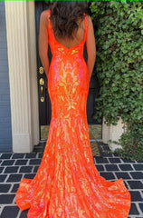 Sparkly Orange Sequin V-Neck Mermaid Long Prom Dress