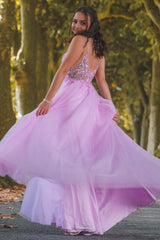 Sparkly Purple Spaghetti Straps Beaded Long Prom Dress with Slit