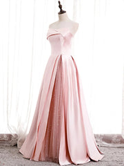 Strapless A-line Pink Satin Prom Dresses For Black girls For Women, Pink Satin Long Party Dress