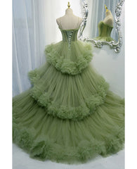 Stunning Green Tiered Pleated Tulle Formal Prom Dress With Straps