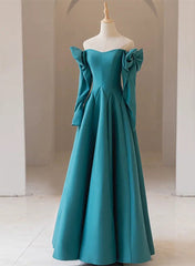 Teal Blue Long Sleeves with Bow A-line Sweetheart Prom Dress Outfits For Girls, Teal Blue Evening Dress