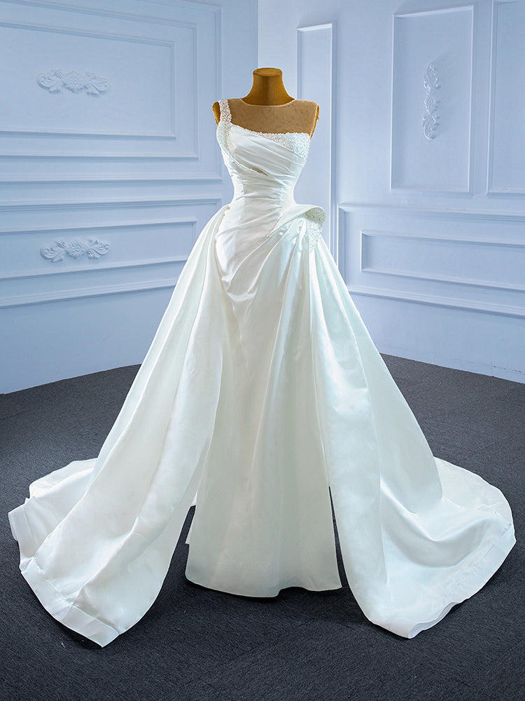 Unique White Satin Pleats Pearls Wedding Dress