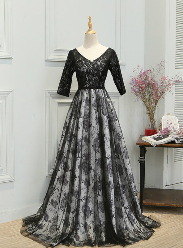 V-neck Half Sleeve Lace Prom Dress