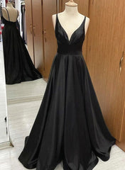 V-neck line Black Long Satin A-line Prom Dresses For Black girls For Women, V Neck Black Formal Dresses For Black girls Party Dresses