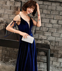 Velvet Straps Long V-neckline Long Party Dress Outfits For Girls, Velvet Bridesmaid Dresses