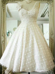 Vintage Polka Dots Tea Length V-neck Backless Wedding Dress