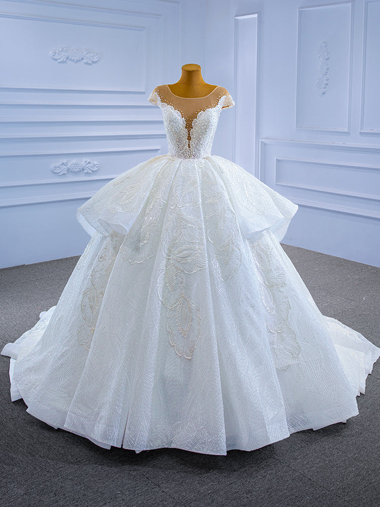 White Lace Sequins Cap Sleeve Pearls Wedding Dress