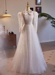 White Long Sleeve Lace High Neck Wedding Dress