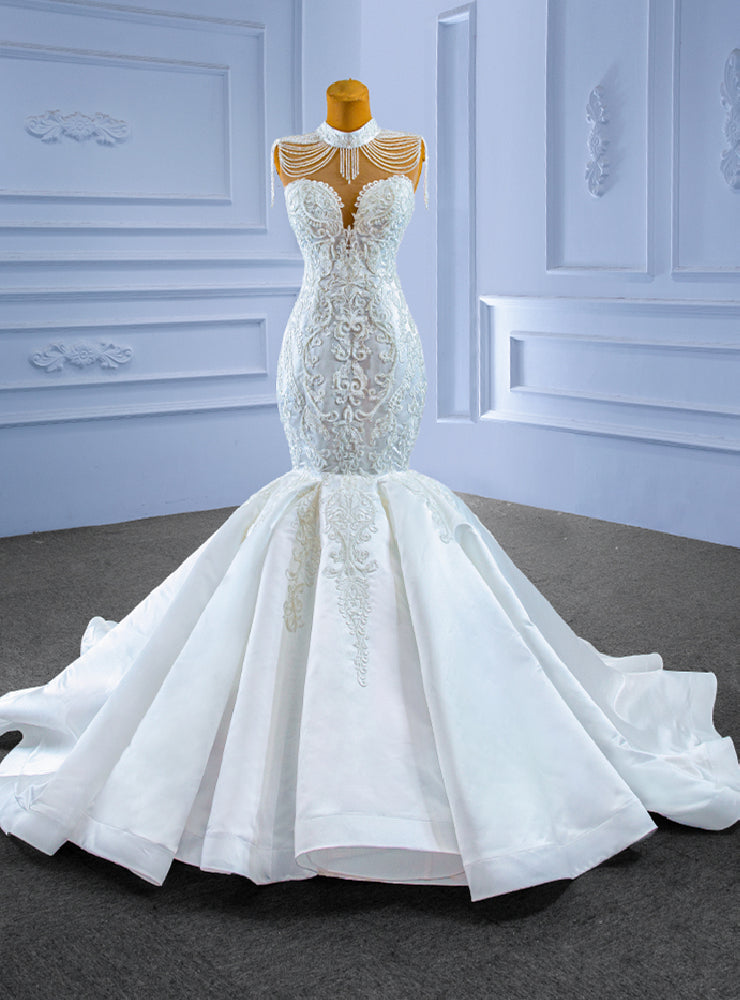 White Mermaid High Neck Appliques Beading Wedding Dress