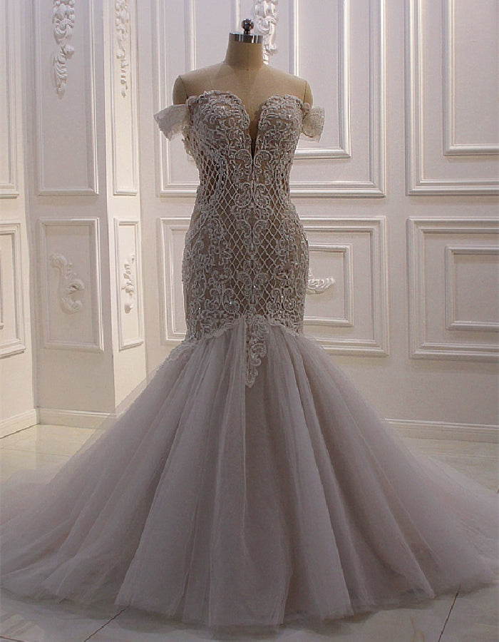 White Mermaid Tulle Appliques Sequins Beading Wedding Dress